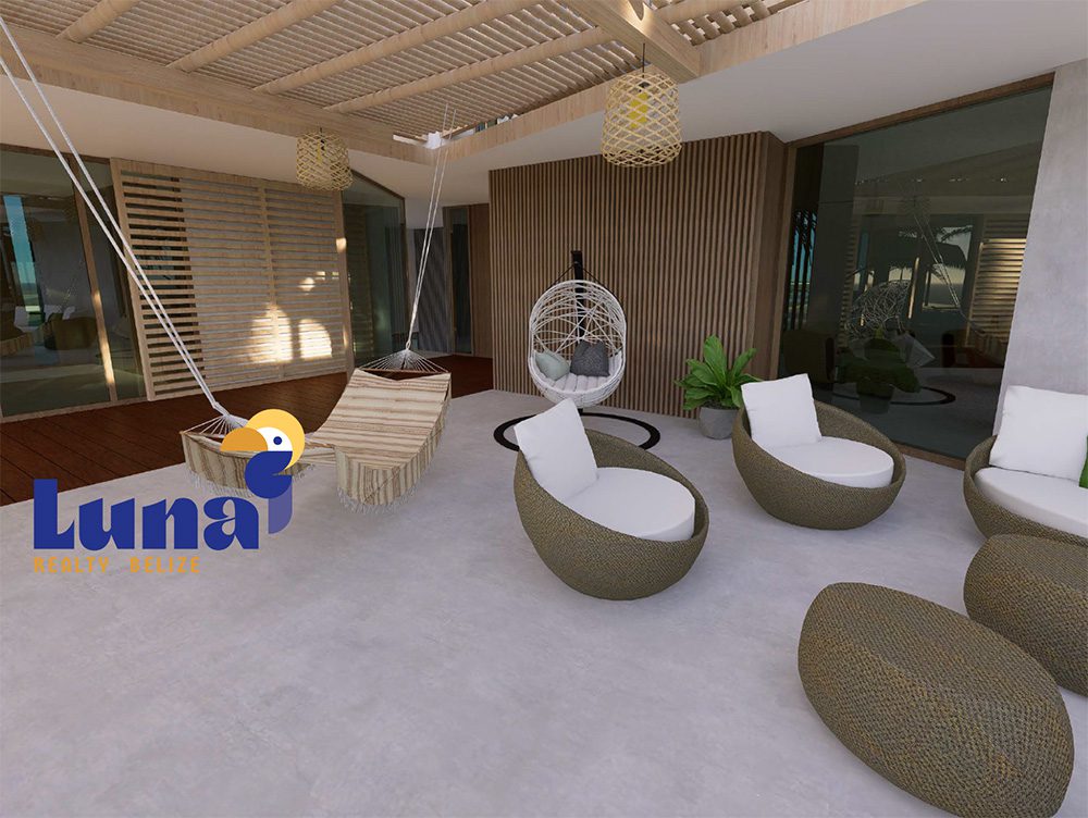 Modern patio with wicker chairs and swings.