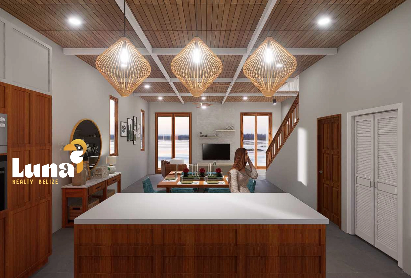 Modern kitchen and living room interior design.
