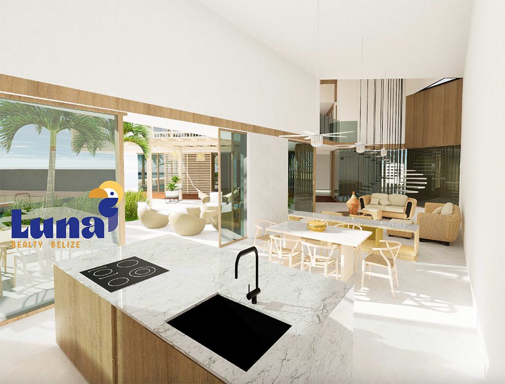 Modern open-concept kitchen and living area.