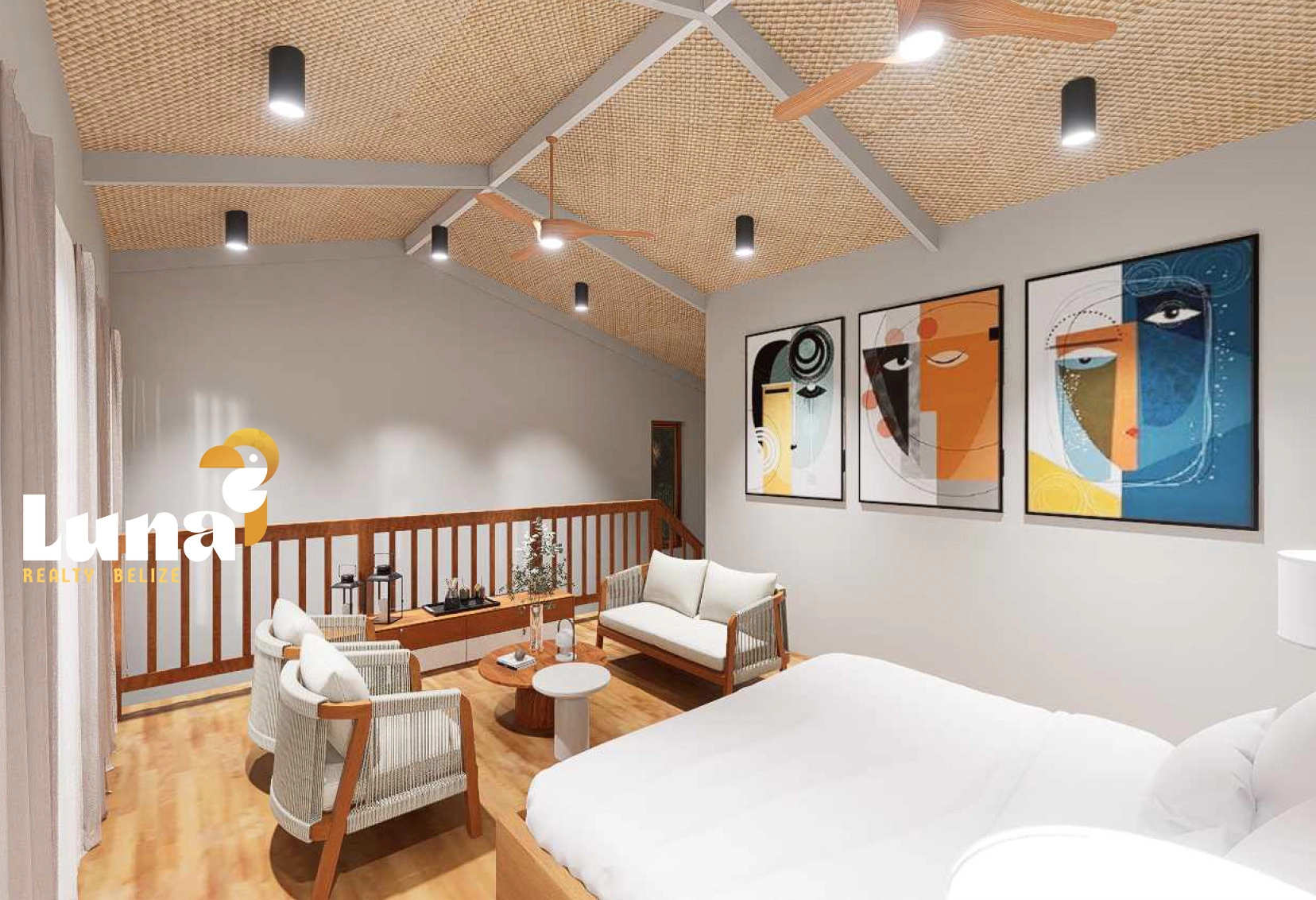 Modern bedroom with abstract artwork and seating.