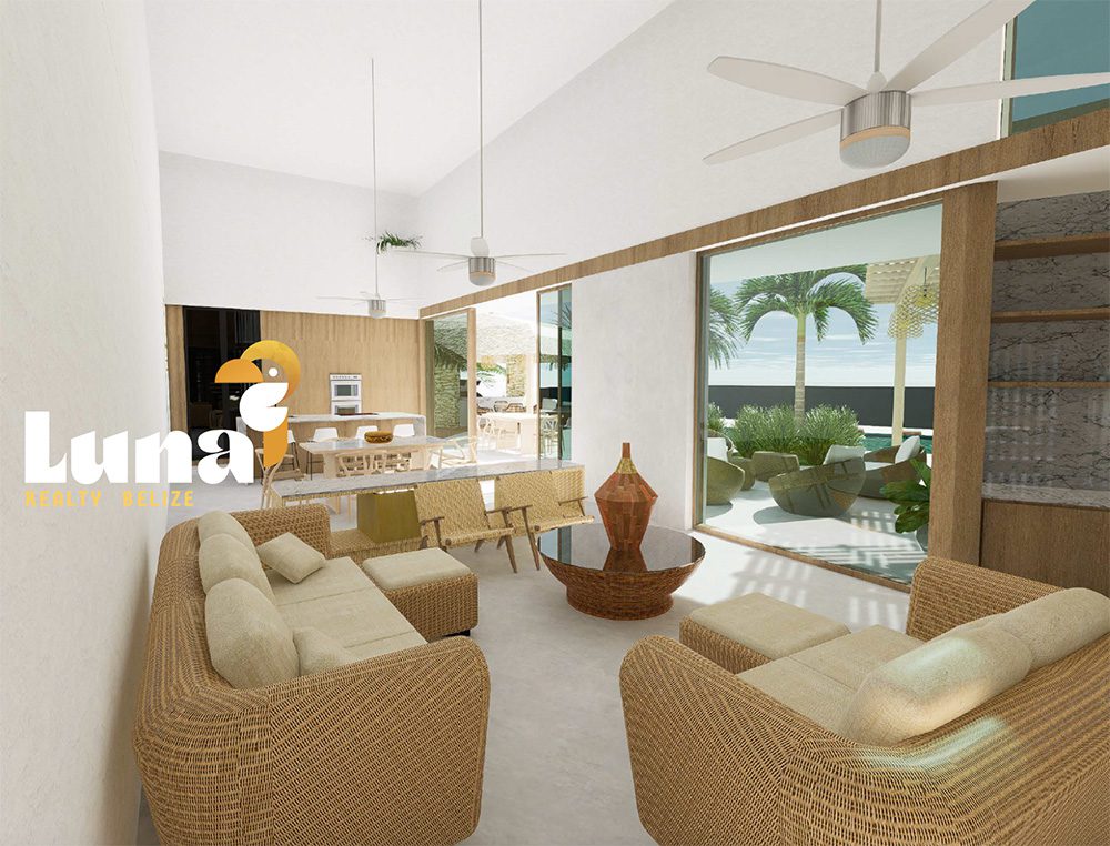 Modern living room with wicker furniture.