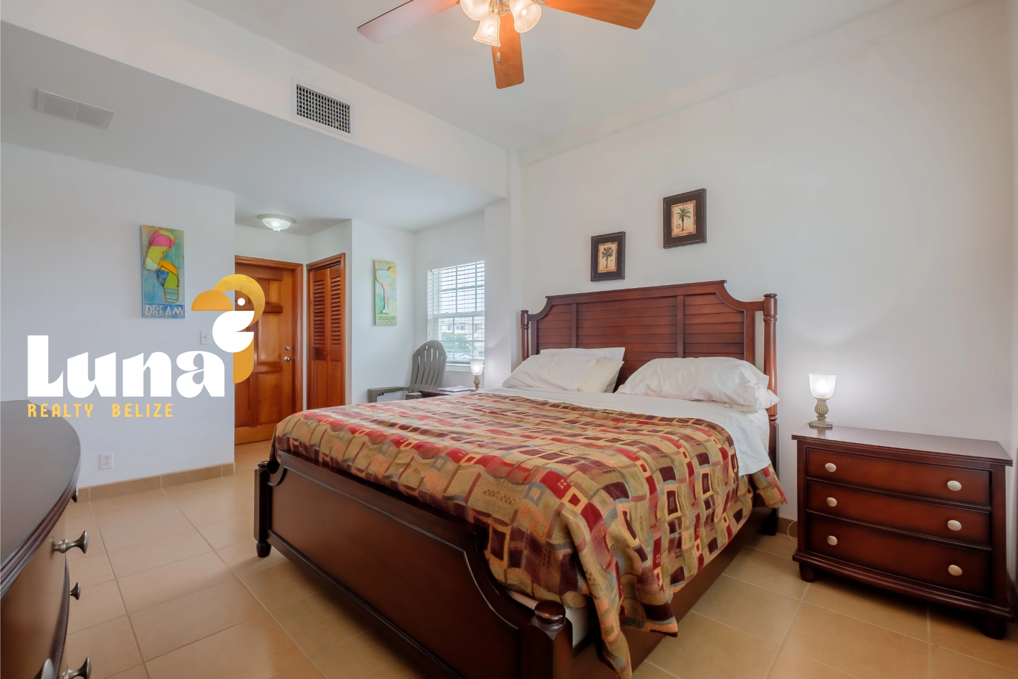 Cozy bedroom with wooden furniture and decor.