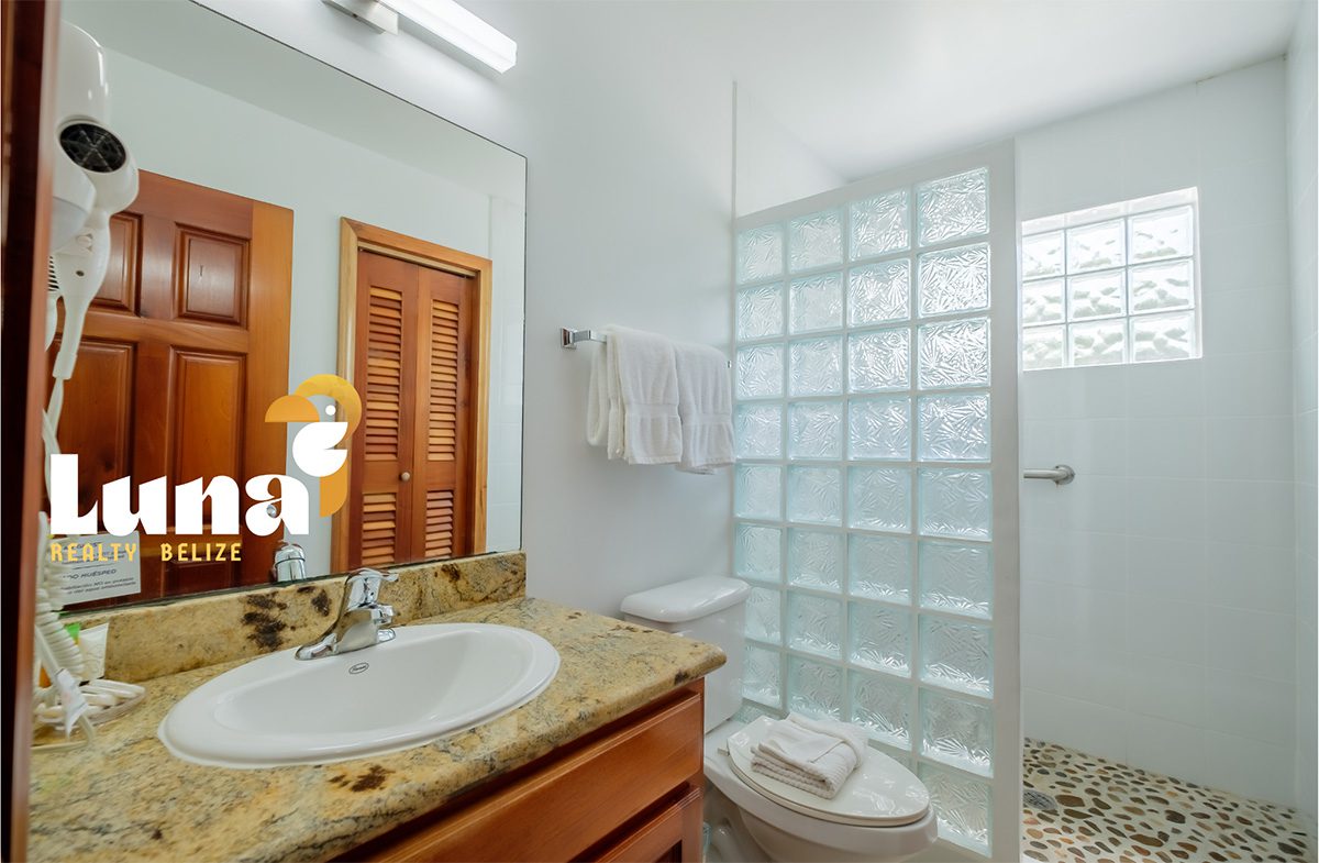Modern bathroom with granite countertop and shower.