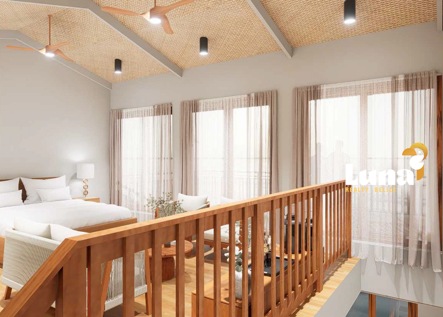 Modern loft bedroom with wooden railing.