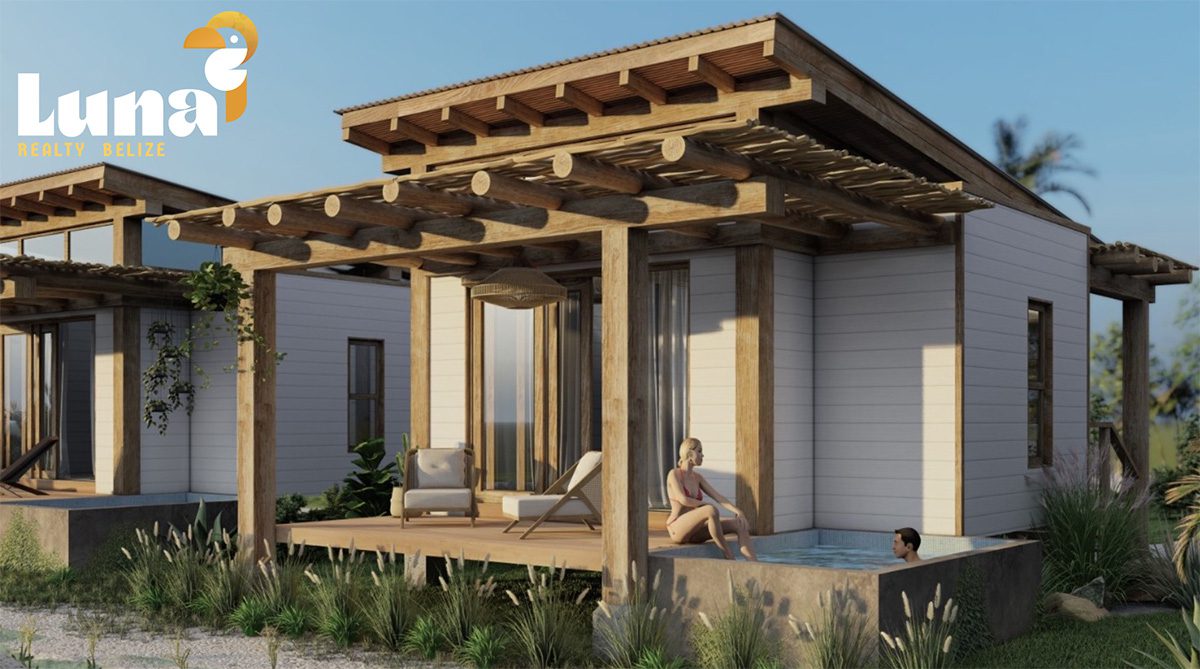Modern bungalow with people relaxing outside.