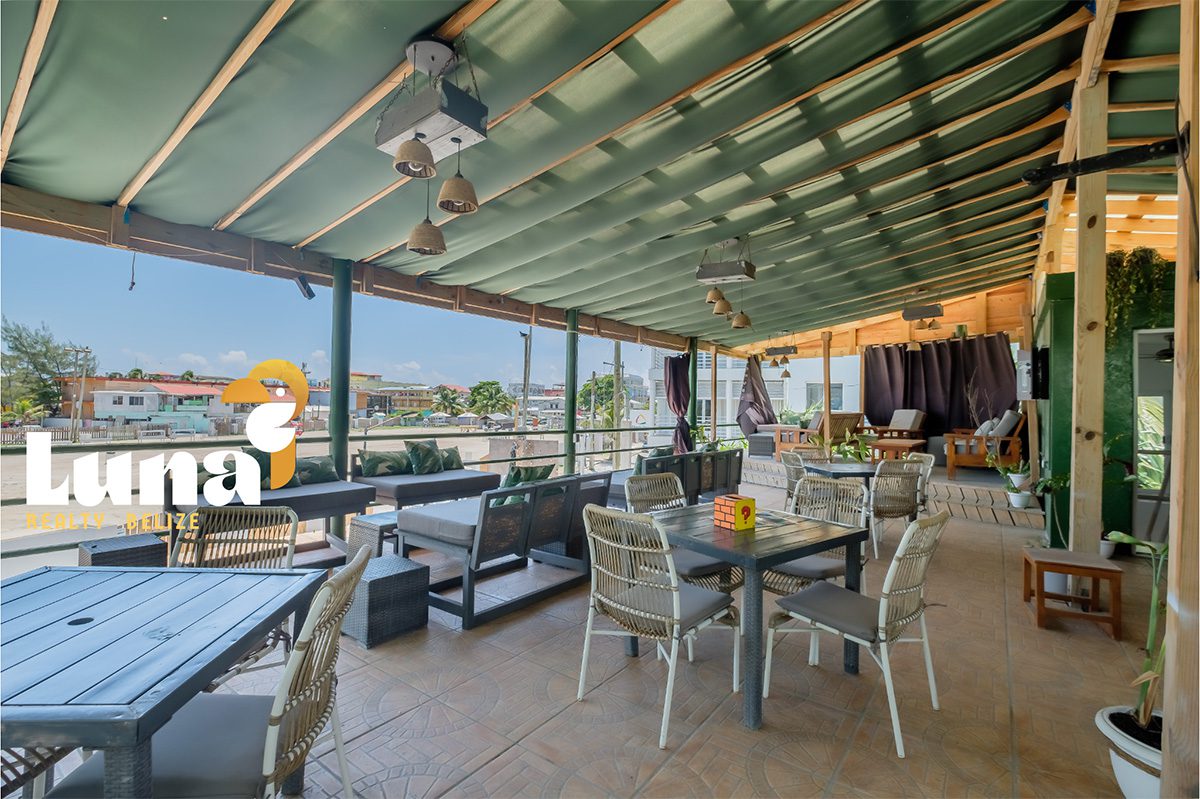 Outdoor rooftop cafe with covered seating area.