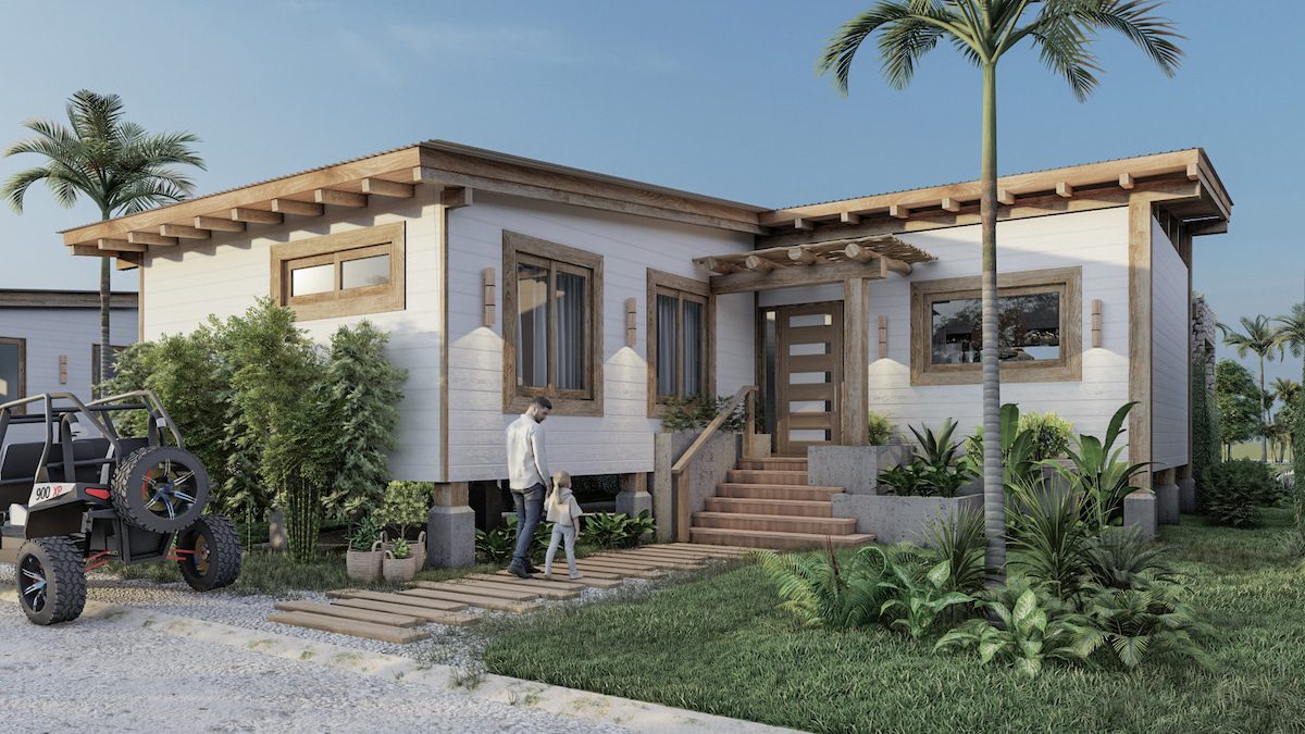 Modern house with palm trees and vegetation.