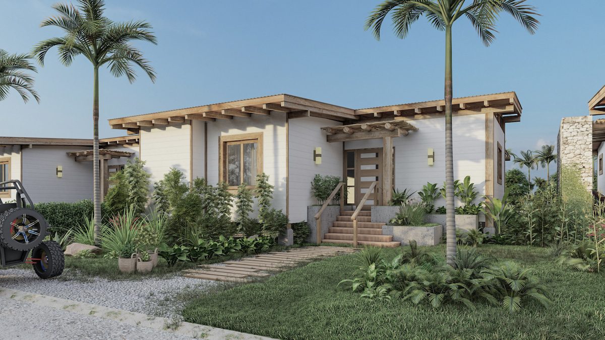 Modern house with palm trees and garden.