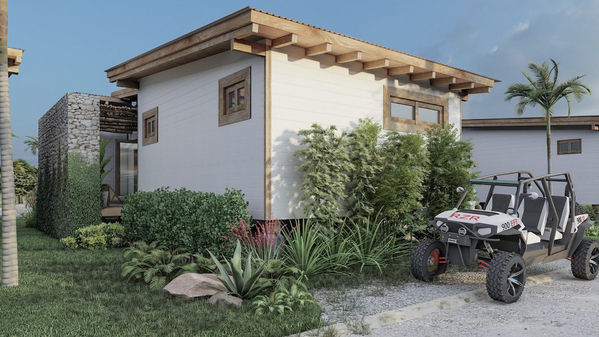 Modern house with garden and off-road vehicle.