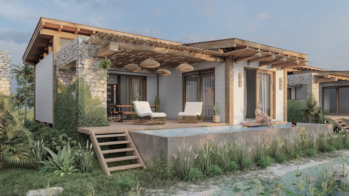 Modern villa with pool and outdoor seating.