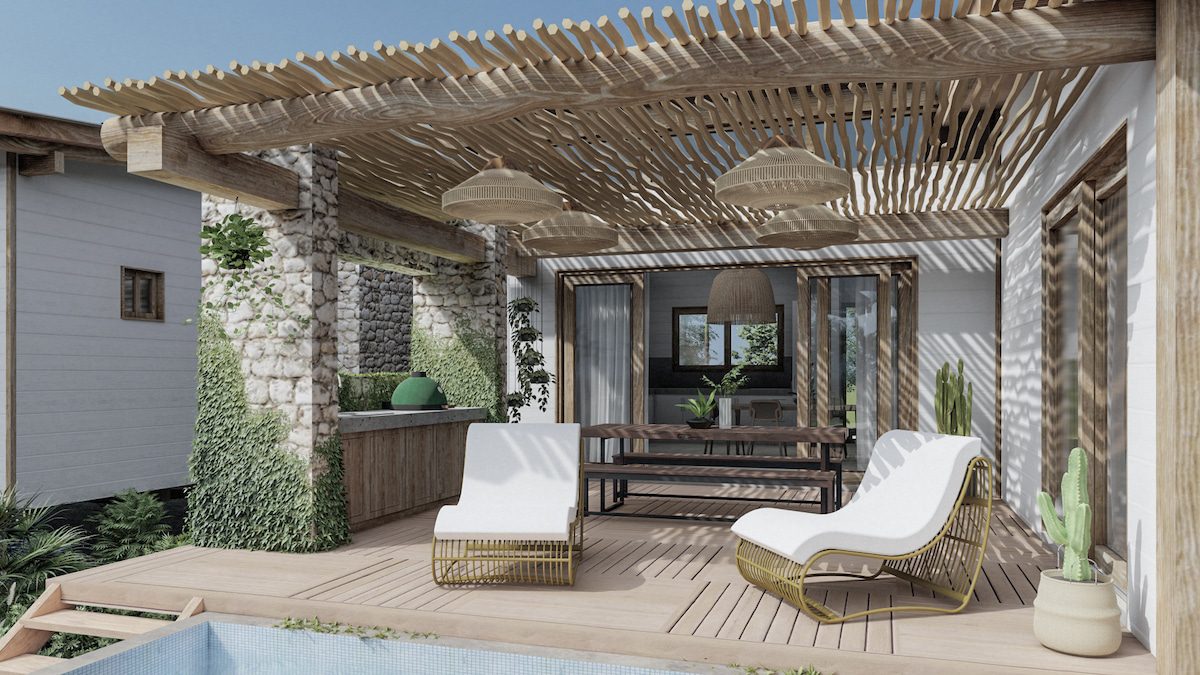 Outdoor patio with wooden pergola and chairs.