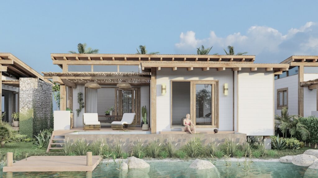 Modern villa with patio and garden view.