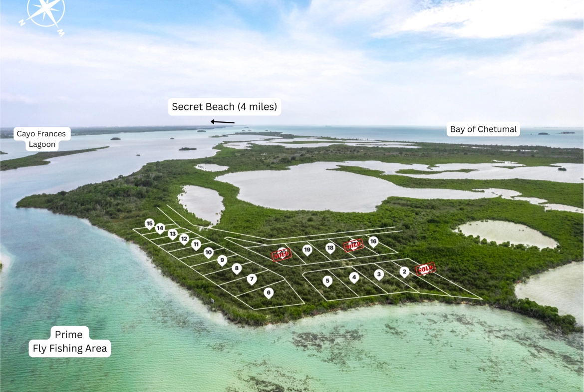 Aerial view of coastal landscape with labels.