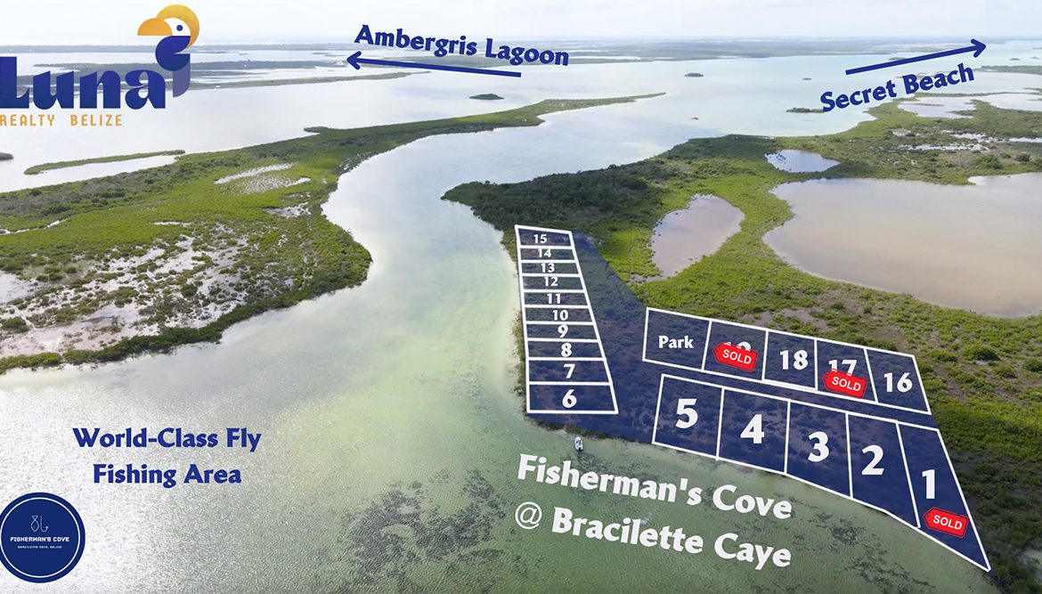Aerial view of Fisherman's Cove, Bracilette Caye.