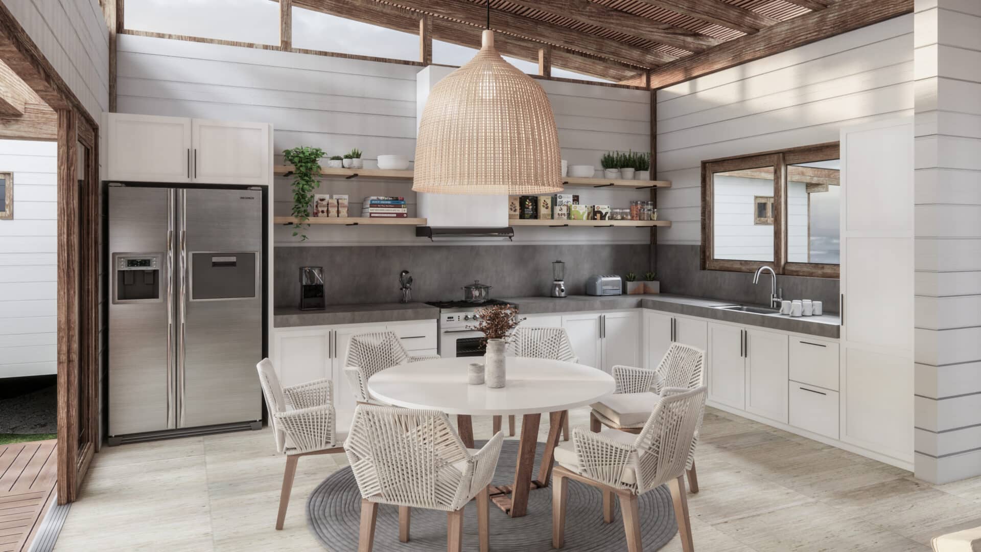 Modern kitchen with dining table and chairs.