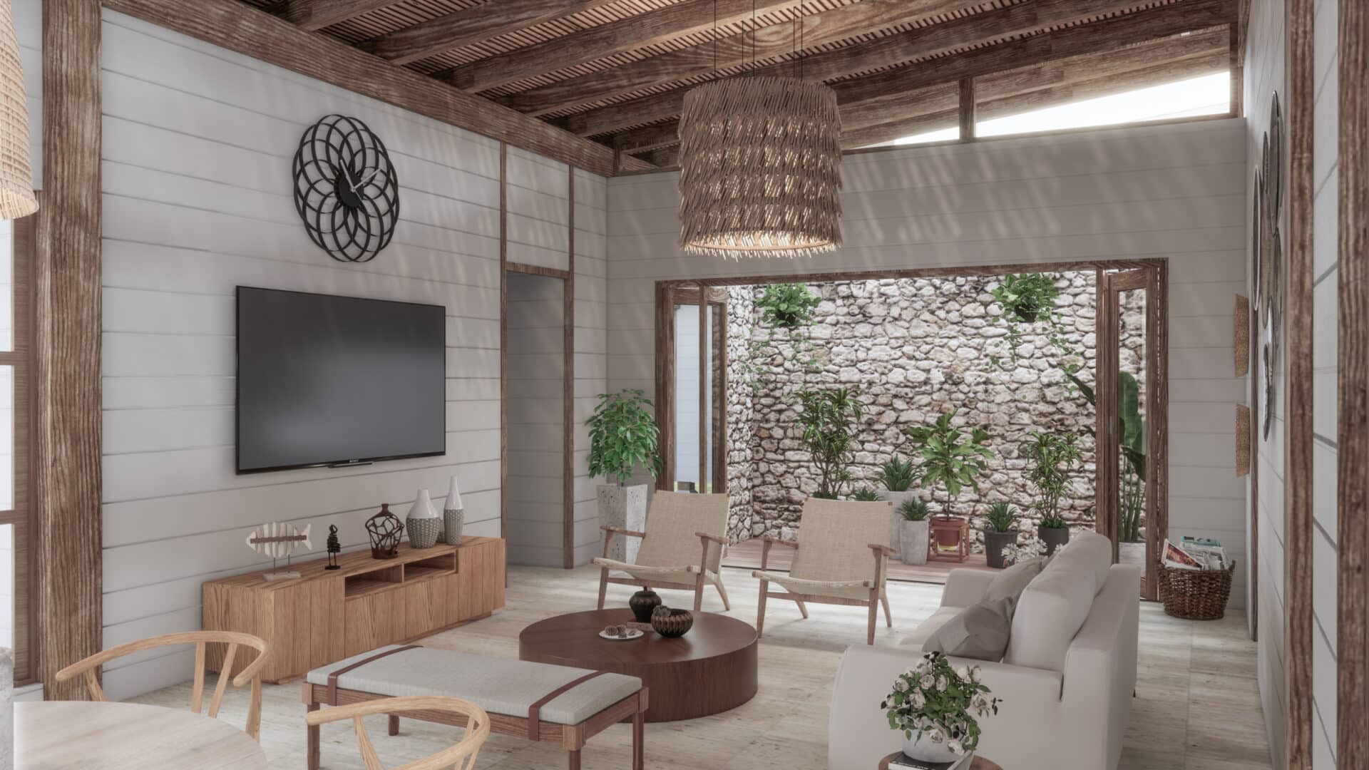 Modern living room with plants and decor.
