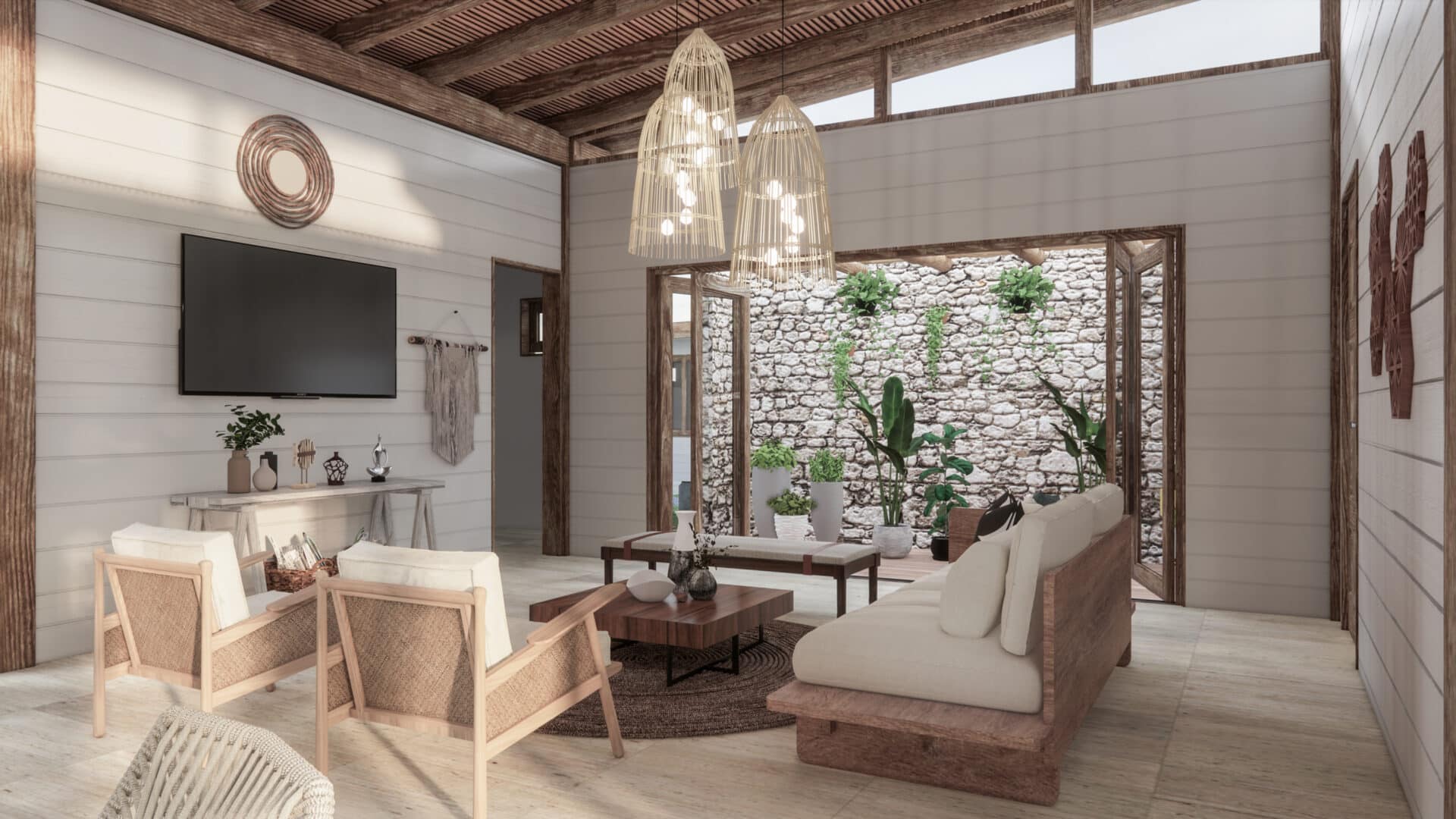 Cozy living room with natural decor elements.