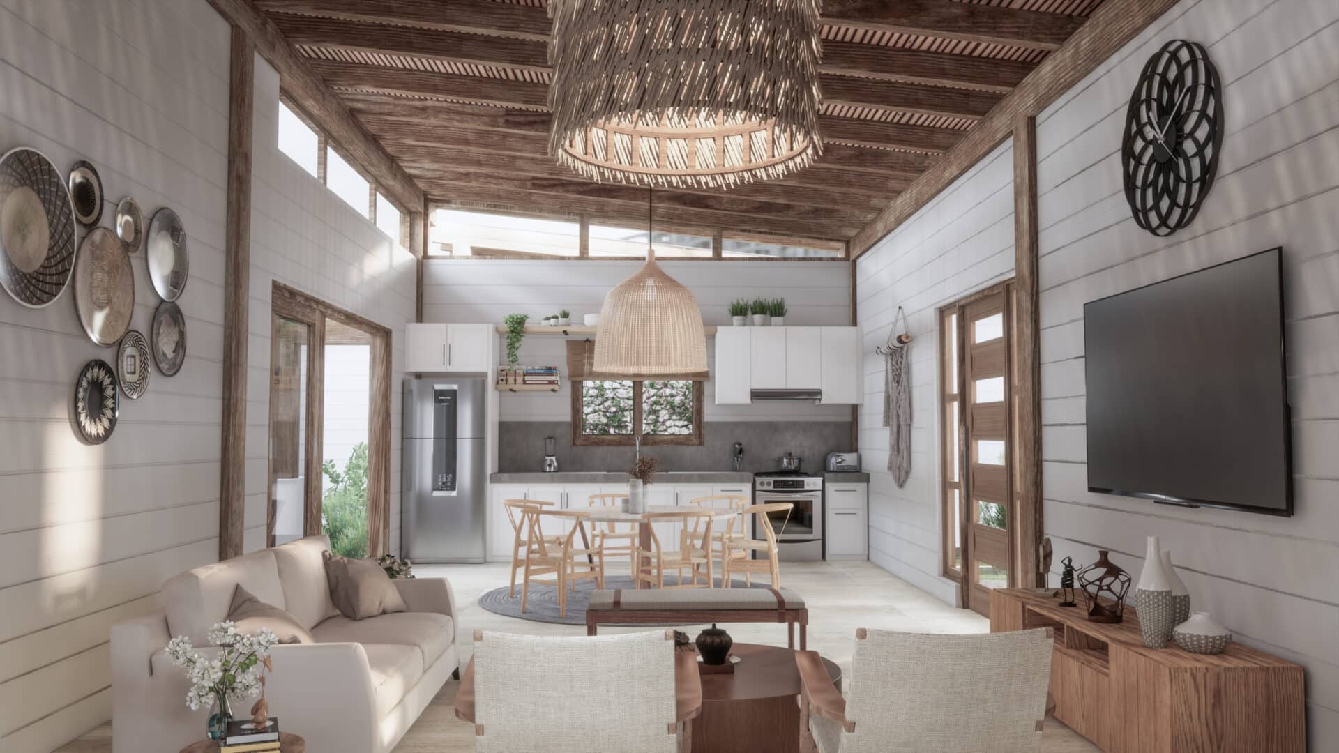 Rustic living room with modern kitchen area.