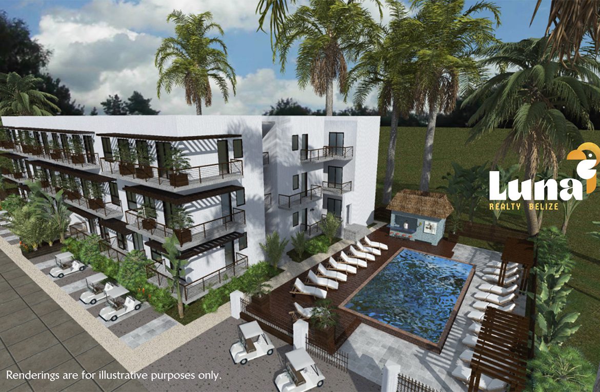 Modern apartment complex with pool and palm trees.