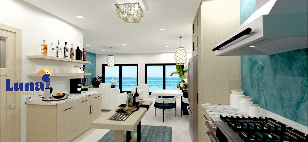 Modern kitchen with ocean view and decor.
