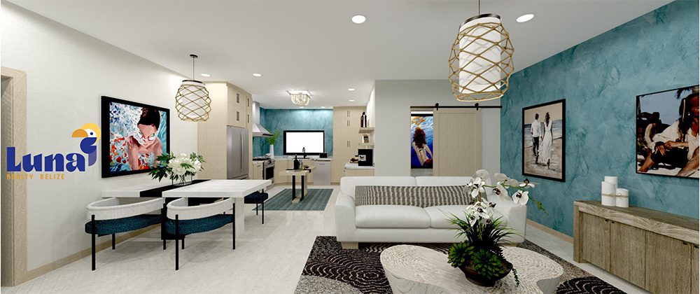 Modern living room with blue accent wall.
