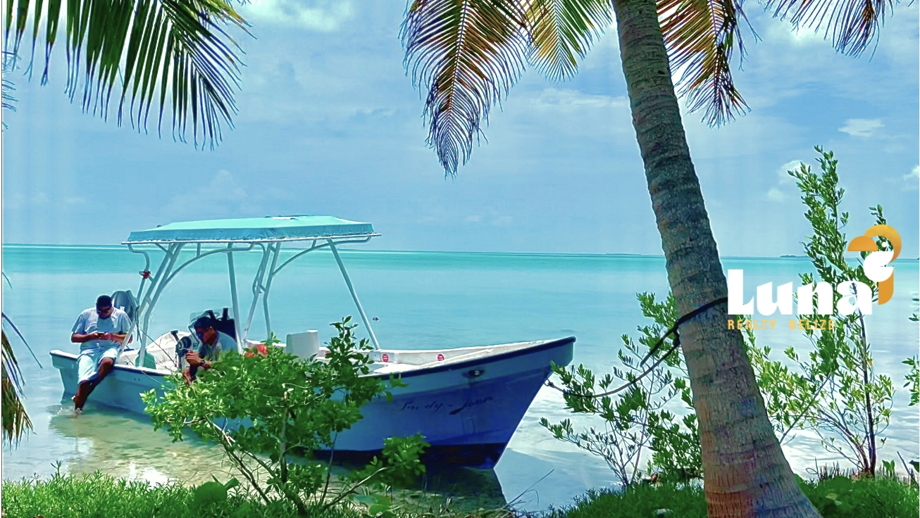 Boat anchored near a tropical beach scene.