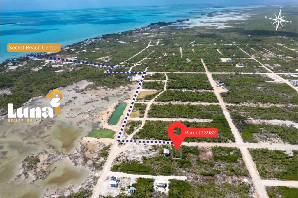 Aerial view of land parcel near beach.