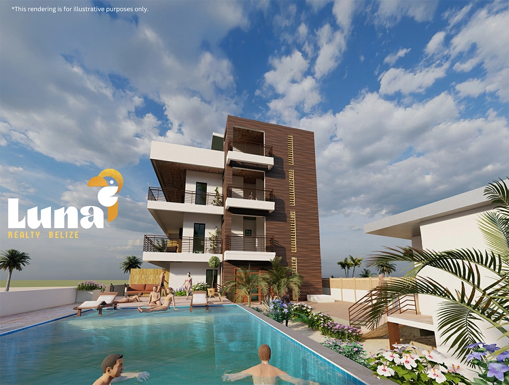 Modern building with pool under blue sky.