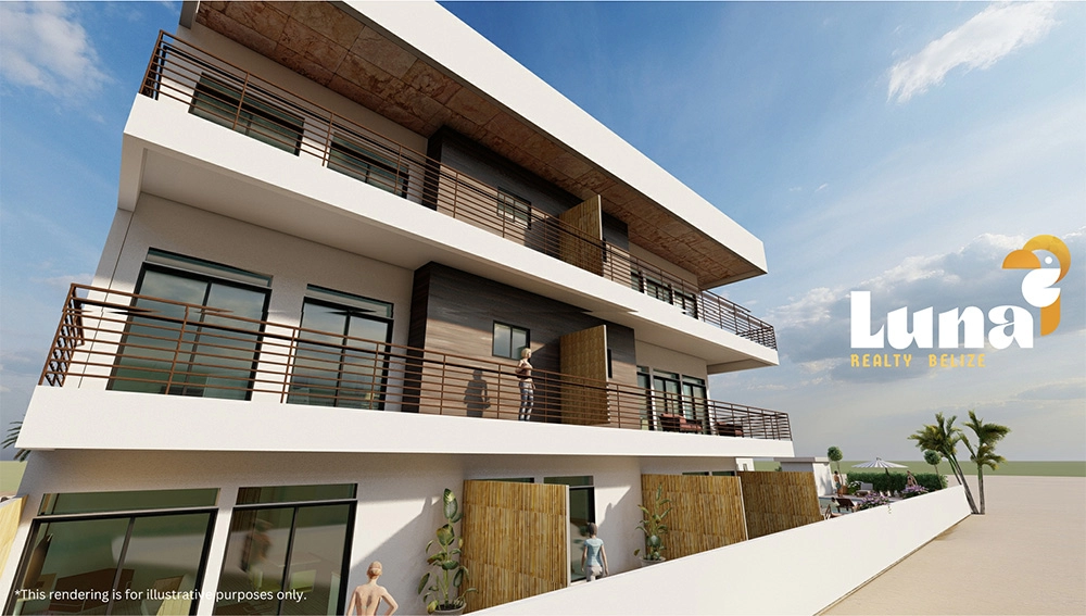 Modern apartment building with balconies and logo.