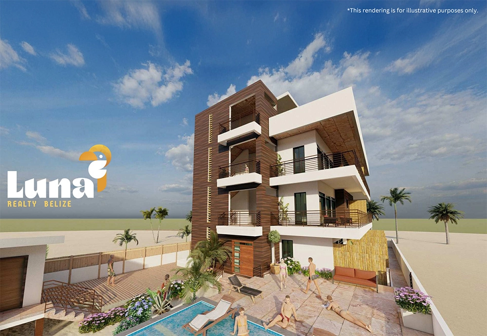 Modern beachfront building with pool and palm trees.