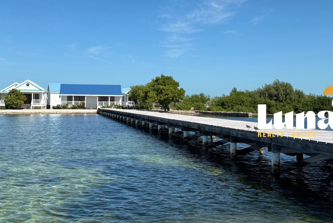 Pier leading to coastal houses and trees.