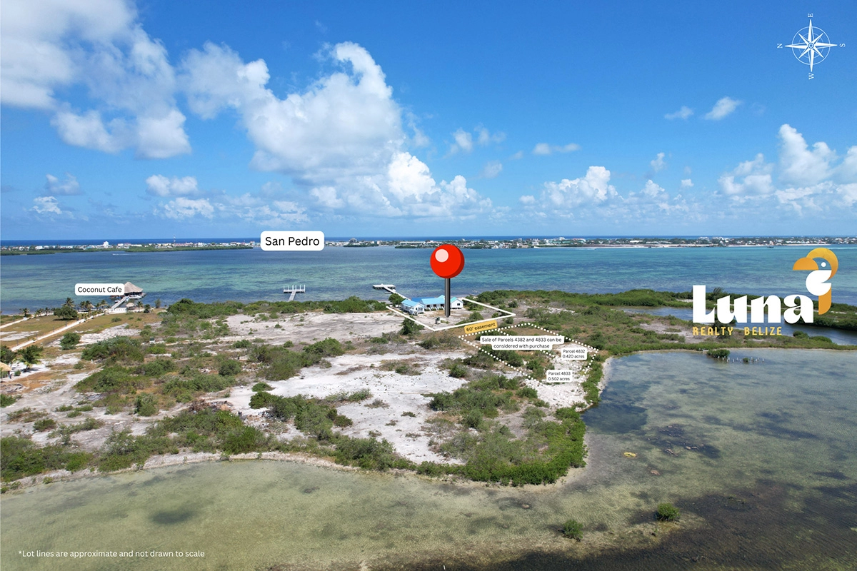 Coastal landscape with labeled locations and water.