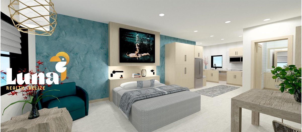 Modern studio apartment with bed and kitchen.