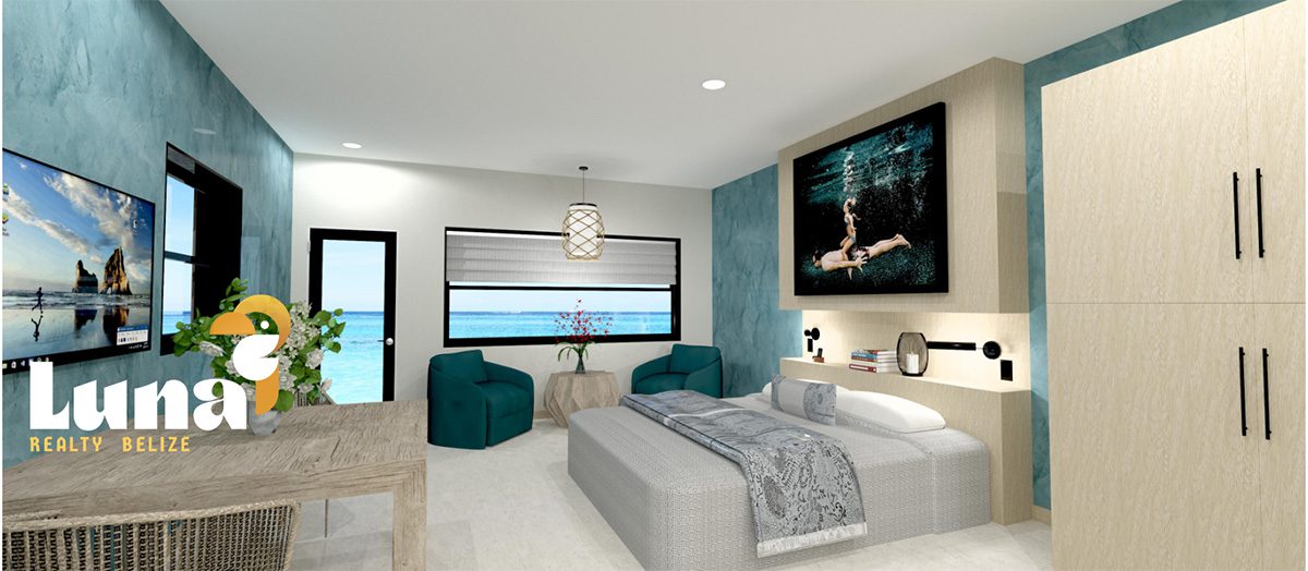 Modern beachside bedroom with ocean view.