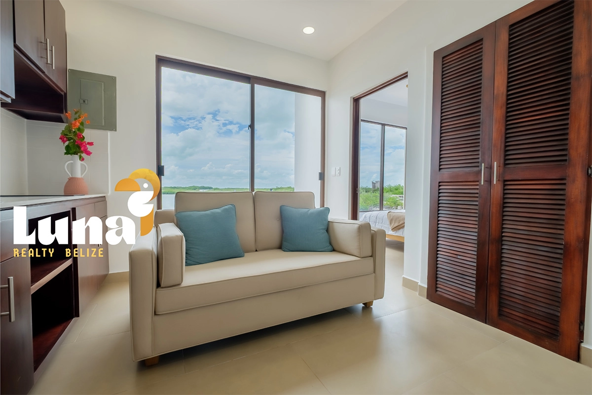 Modern living room with beige sofa.