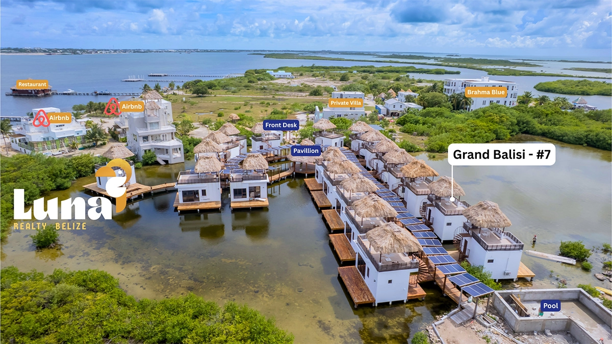 Aerial view of waterfront resort in Belize.