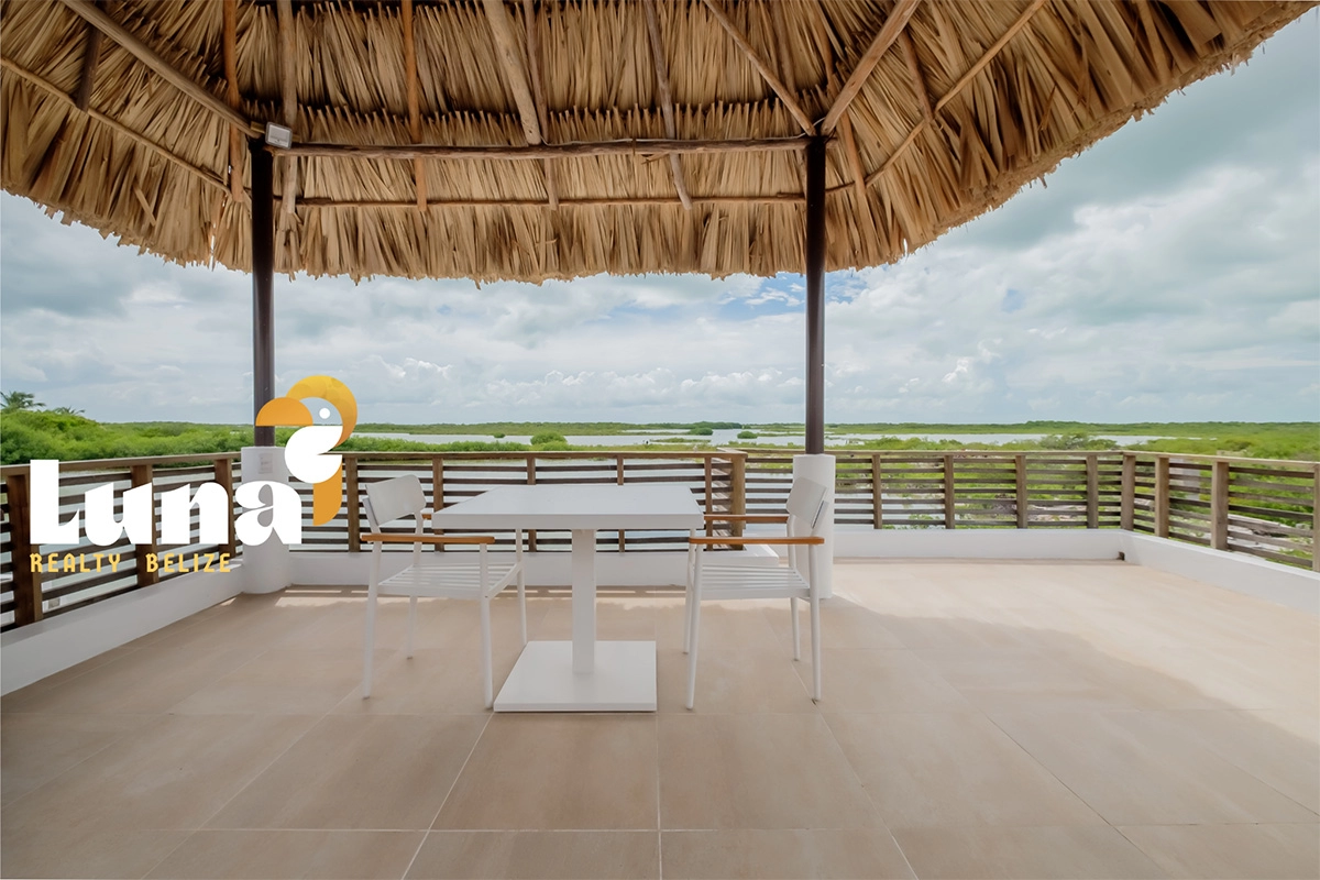 Rooftop terrace with scenic nature view.