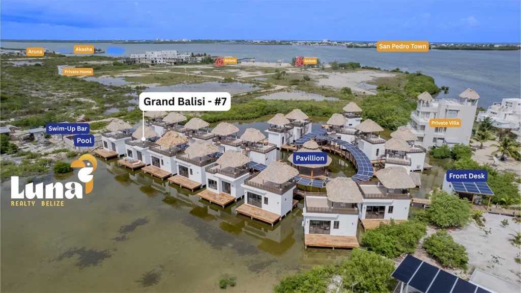 Overwater villas with labeled resort features.