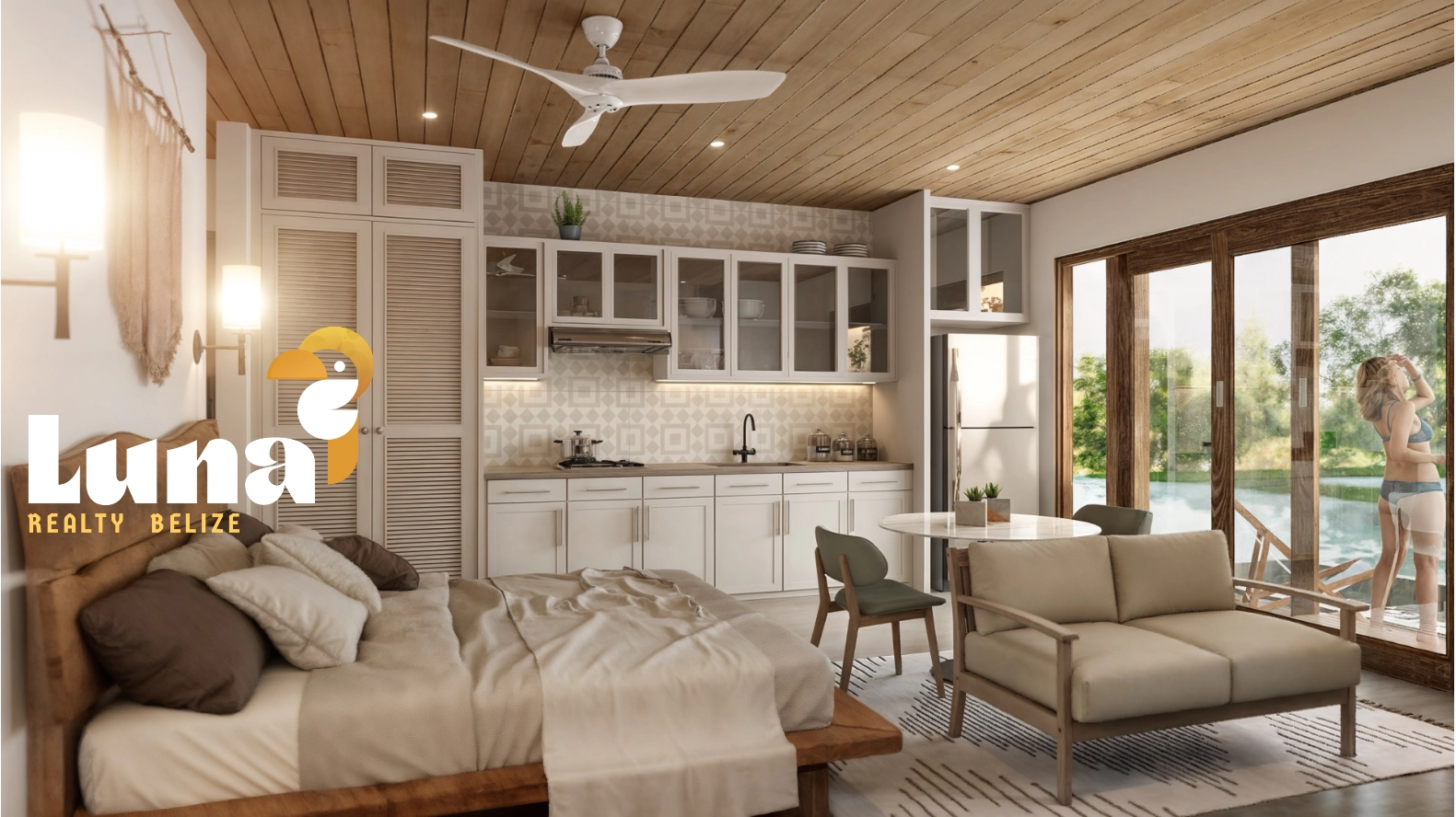 Modern bedroom with pool view and logo.