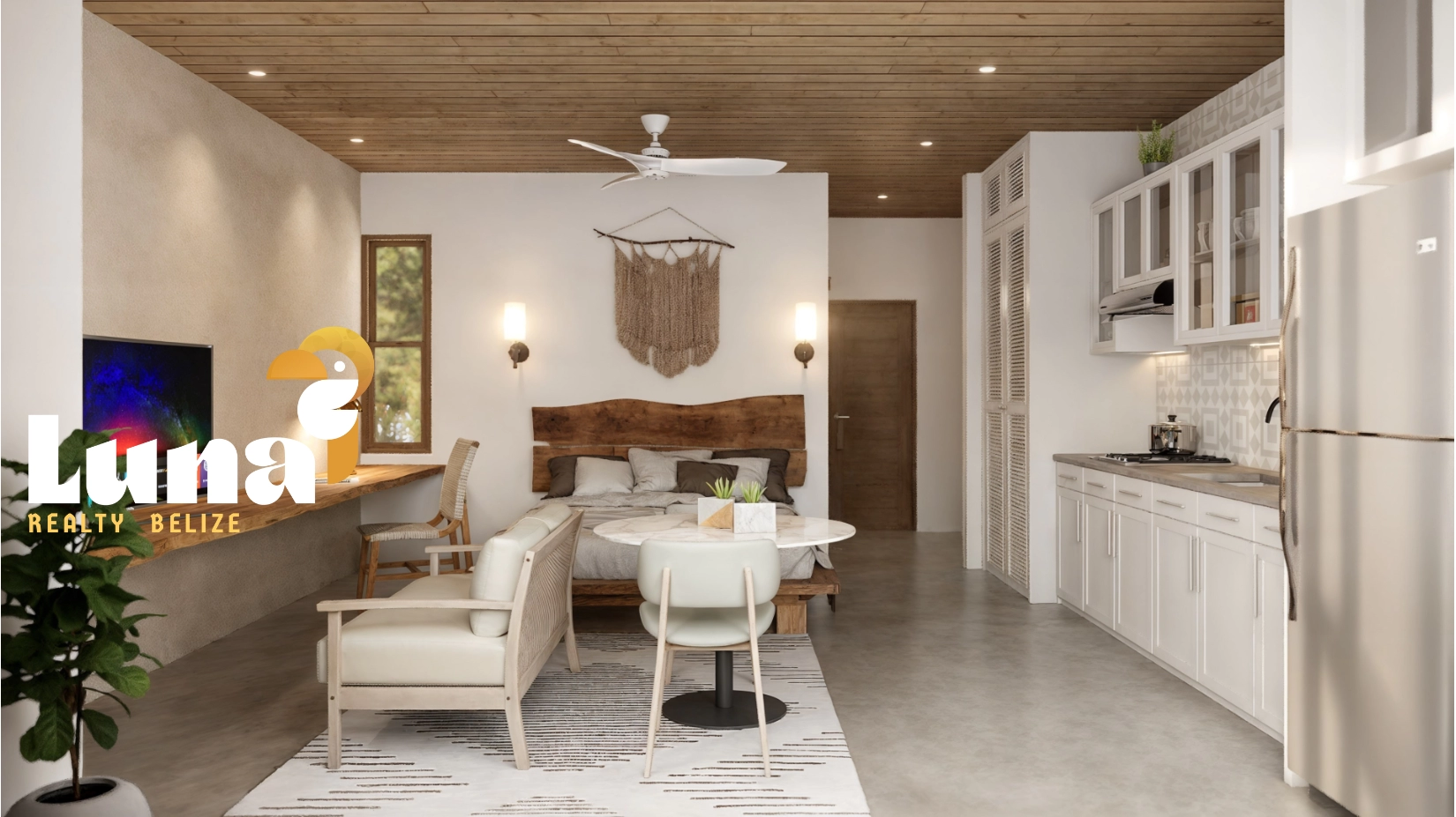 Modern living room with kitchen and seating area.