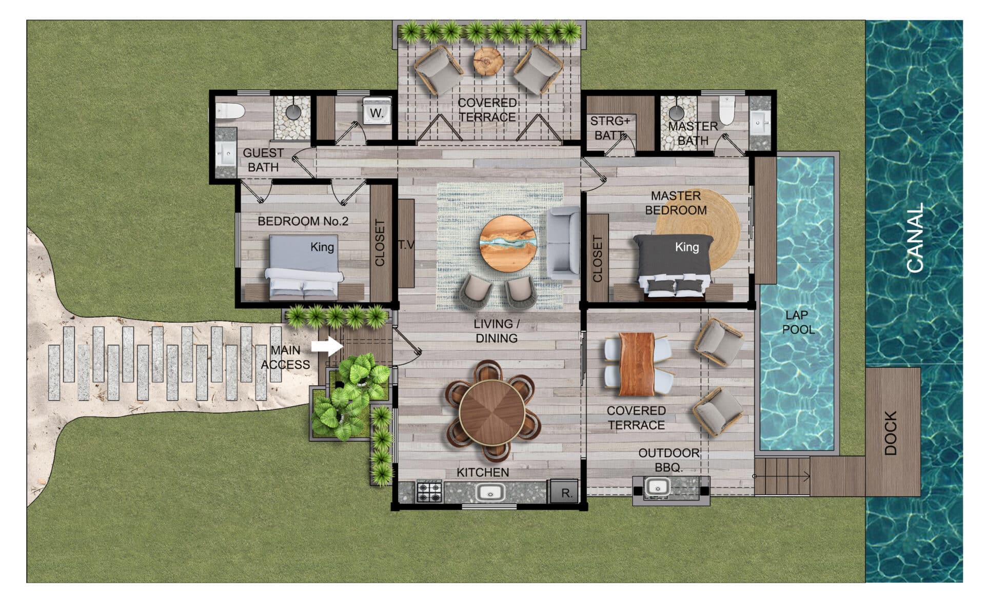 House floor plan with canal-side pool.