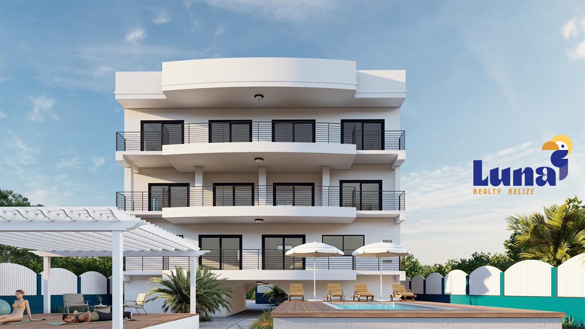 Modern apartment building with pool and balconies.