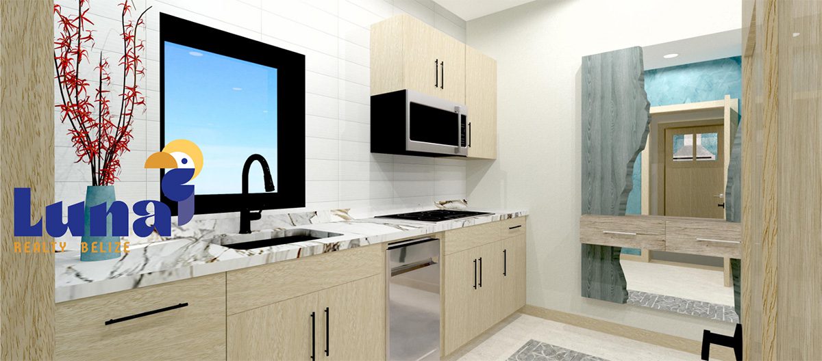 Modern kitchen with light wood cabinets.