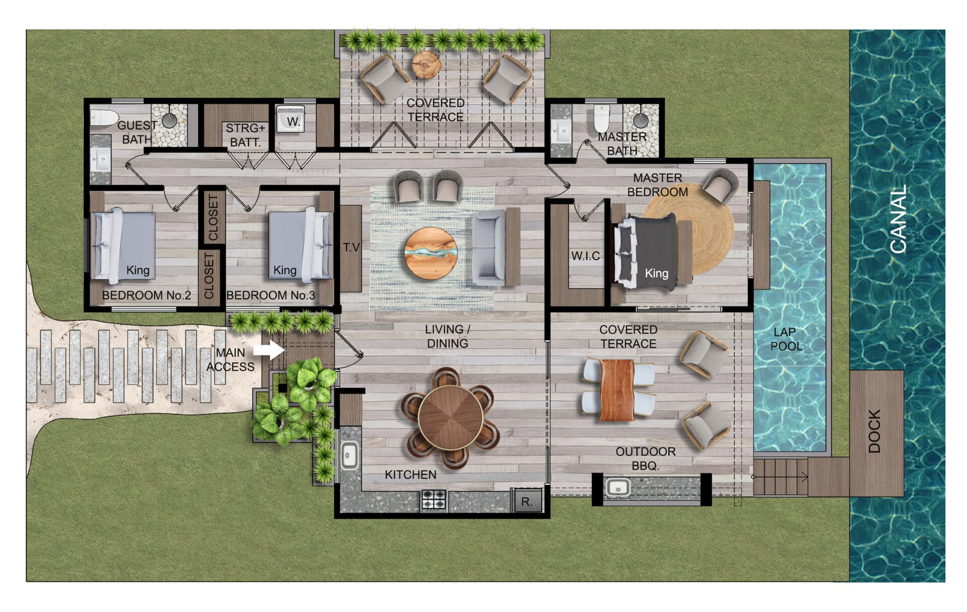 House floor plan with pool and canal.