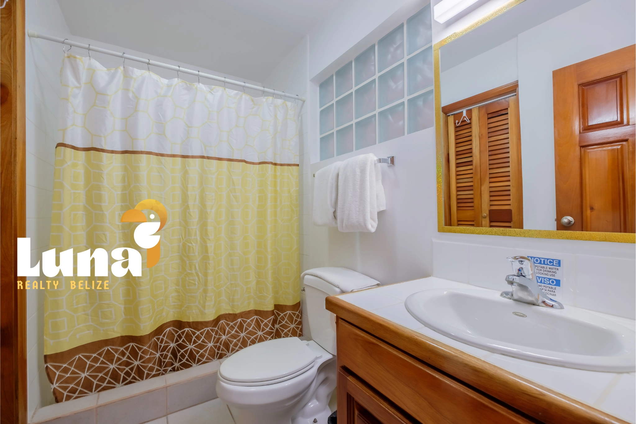 Bathroom with shower, sink, and wooden door.