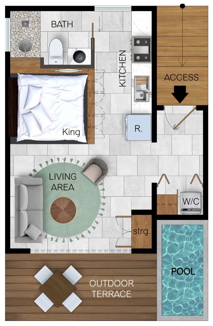 Studio apartment floor plan with pool.