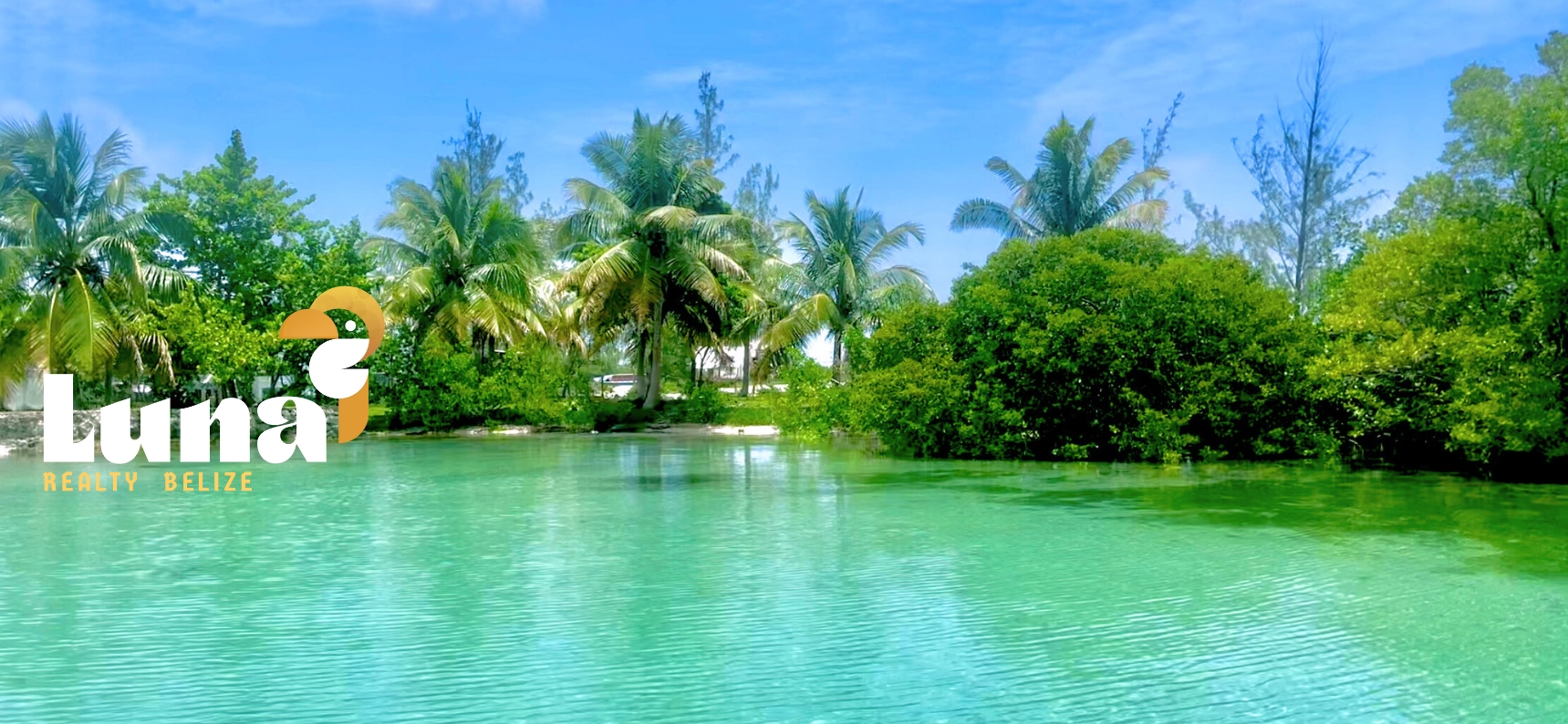 Tropical lagoon with lush greenery and palms.